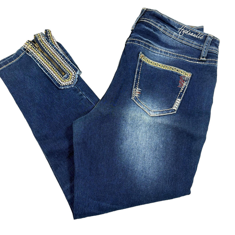 Hydraulic Womens Size 8 Blue Skinny Jeans Embellished Zip Hem Y2K Stretch Denim